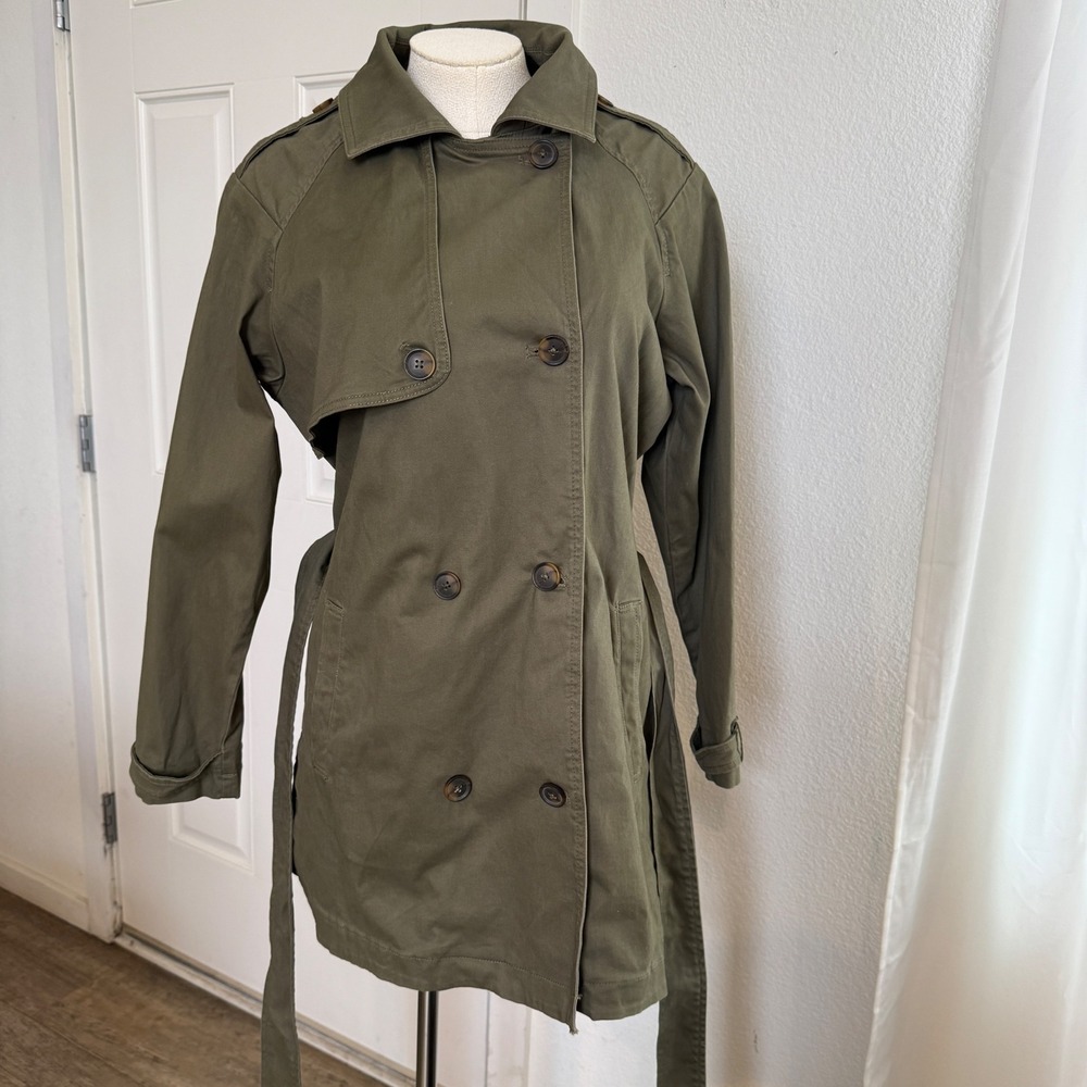Lucky Brand Olive Green Double Breasted Belted Trench Coat Jacket Womens Medium